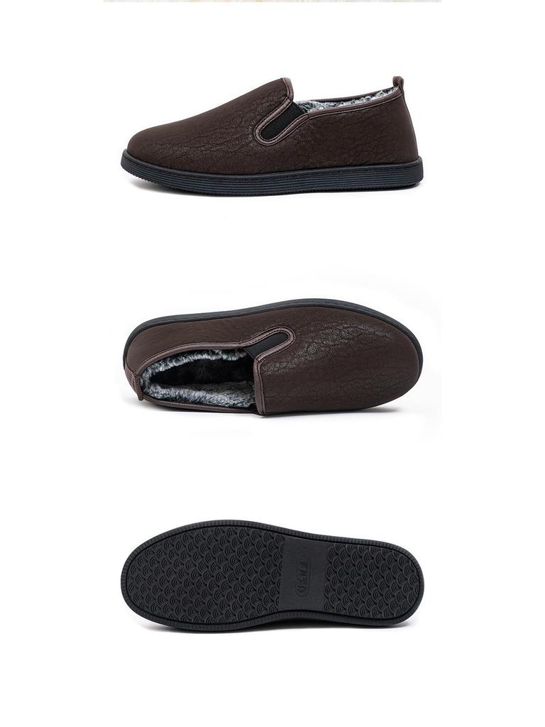 Old Beijing Men's Winter Fleece-Lined Slip-On Shoes - Thick, Soft Sole for Warmth and Comfort