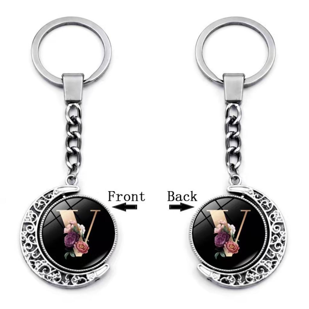 Alphabet Letter Keychain Pendant Personalized Initial Key Ring with Decorative Floral Design for Bag Backpack Purse Accessories Gift