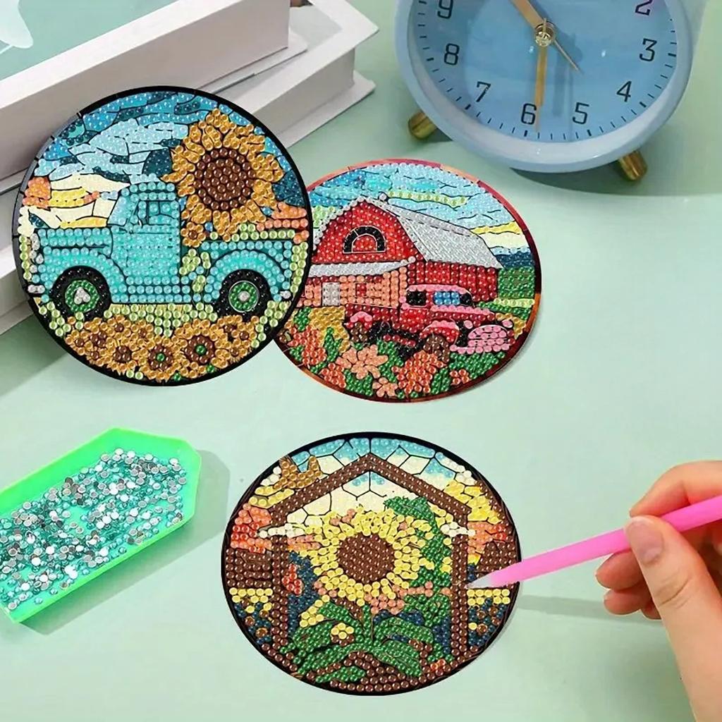 8 Pieces/set of Diamond Painted Car Pattern Coasters, DIY Coasters with Holder, Suitable for Beginners and Adults, Art and Craft Supplies Gifts
