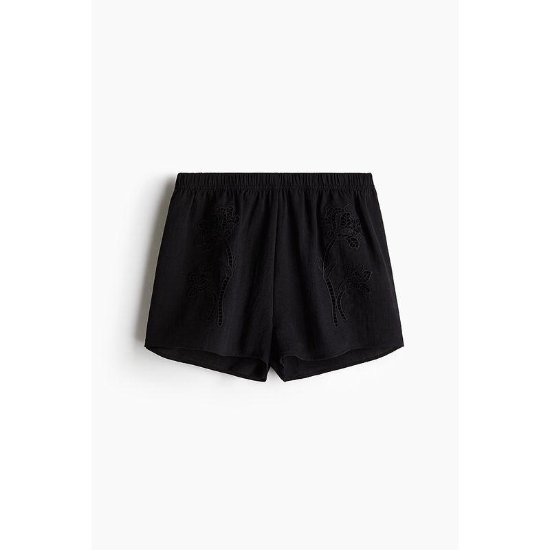 

HM Women s Clothes Casual Pants 2025 Autumn New Arrival Elastic Waist Loose Straight-leg Cut Out Embroider Shorts 1269003 Black 155/64(XS)