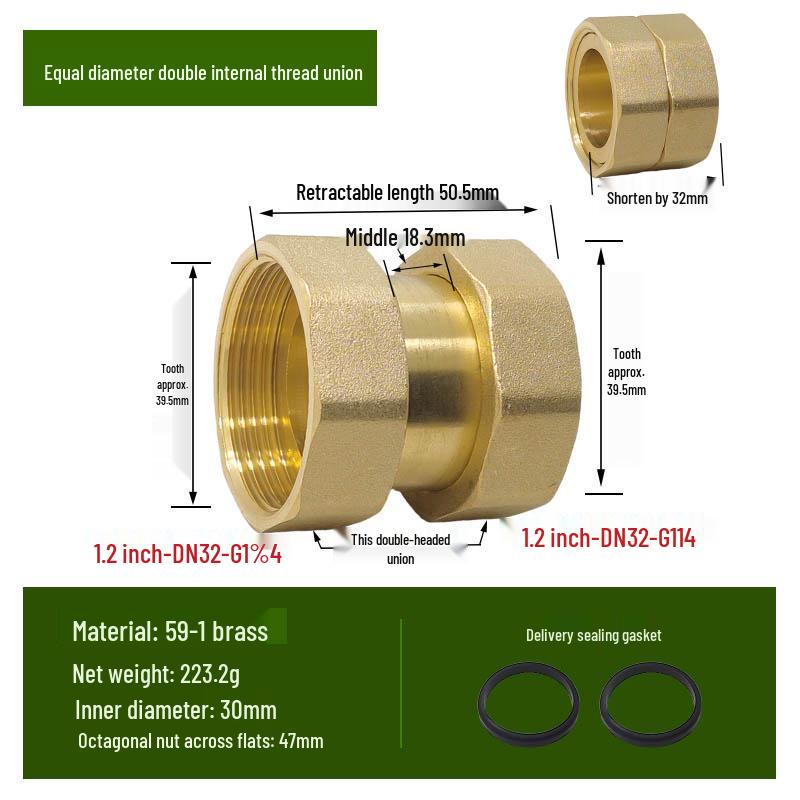 Copper Union with Inner/Outer Threads, Double Inner Thread Water Heater Connector Tee/Elbow Nipple, 46mm & 1" Thread, Different Diameters.