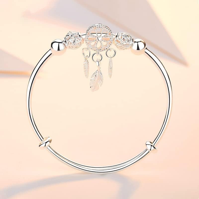 Fuqimanman2020 Silver Dream Catcher Feather Tassel Bracelet Bangle Adjustable Bar for Women Friendship Christmas Mother's Day Jewelry