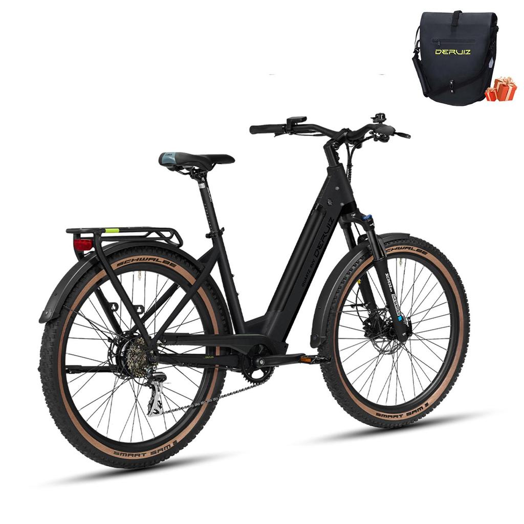 Bicicleta Elétrica DERUIZ Preta SUV 27.5" Bicicleta Elétrica MTB para Adultos, Motor 250W, Bateria 48v 13.4Ah, Freios a Disco Hidráulicos Até 161km