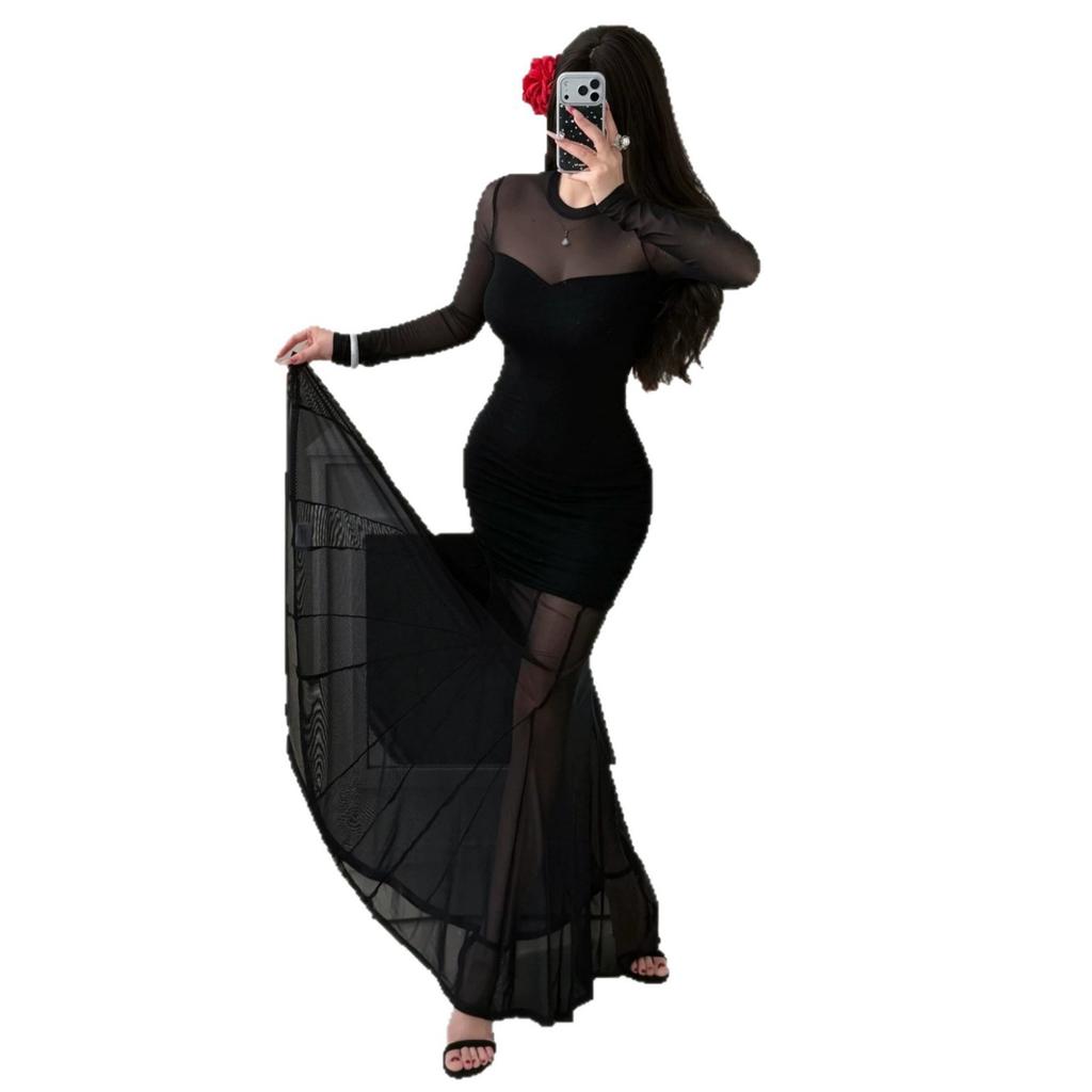 French royal sister wind mesh long-sleeved dress, new inner elegant temperament, waist and thin, meat and buttocks long dress