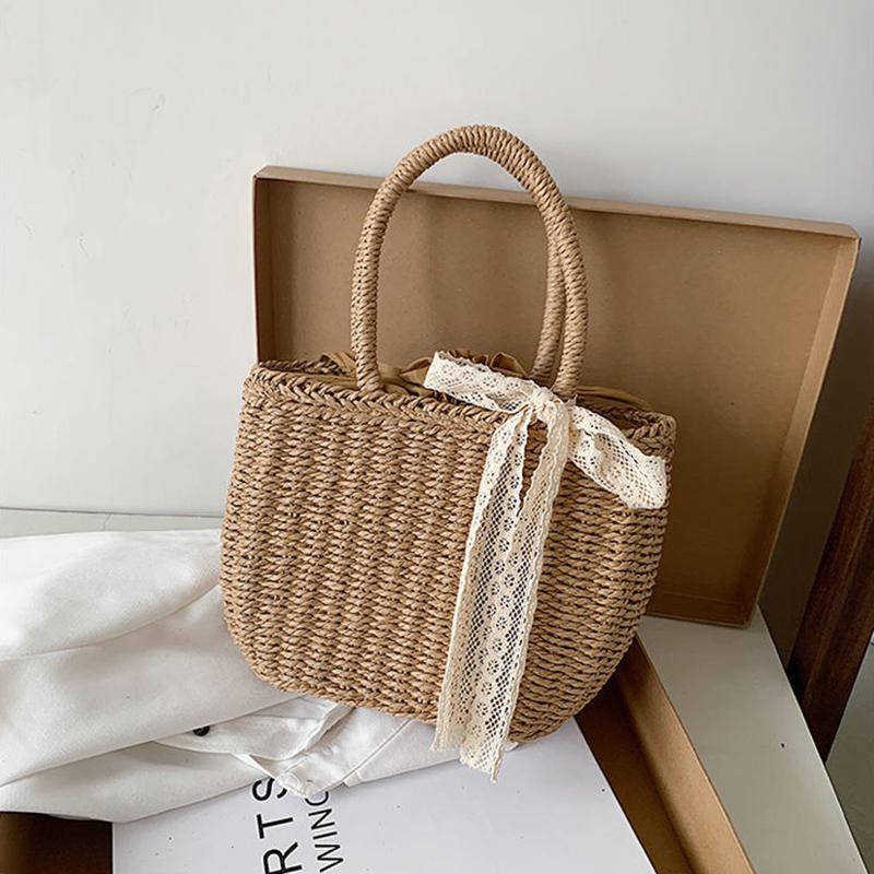 Geantă de mână din dantelă din paie de vară, geantă de plajă din ratan, cu capacitate mare