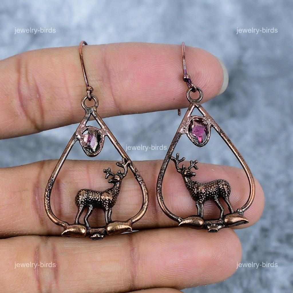 Oval Ruby Stone Birthday Gift Dangling Electroformed Engagement Earrings Copper VP-82
