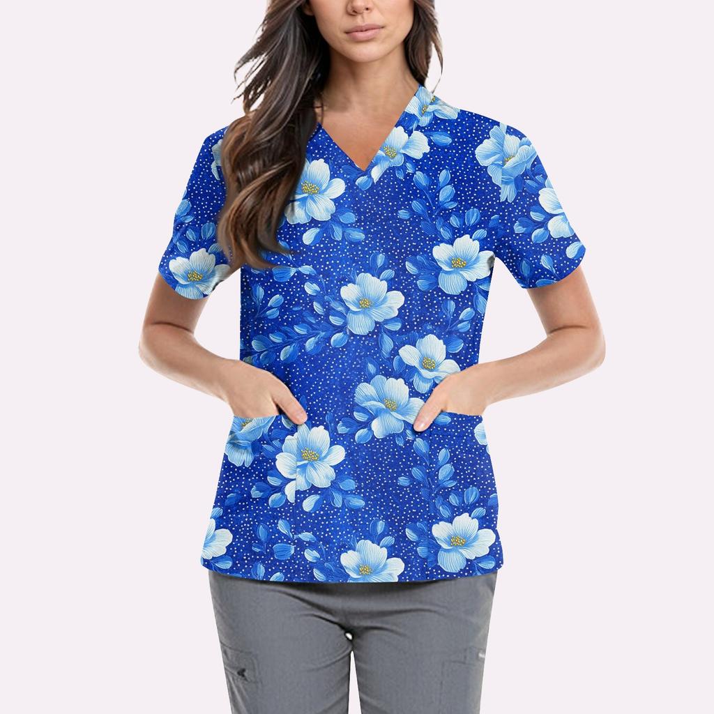 Süße bedruckte Arbeitskleidung für Damen, V-Ausschnitt, doppellagige Taschen, Basic, kurzärmeliges Oberteil, Pullover, Valentinstag