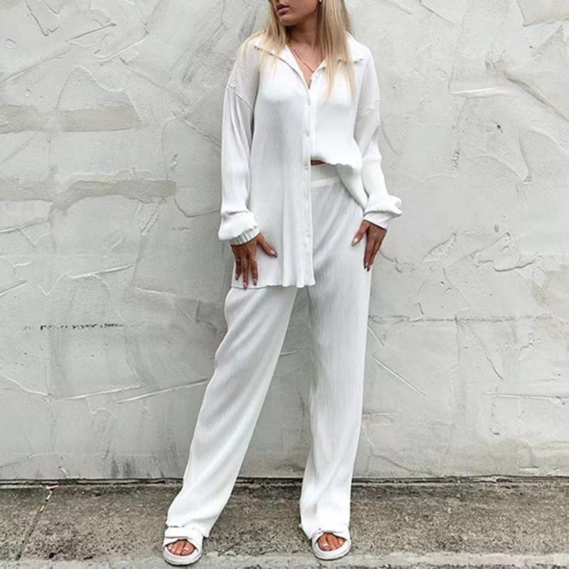 

Autumn Long-sleeved Top + Pleated Wide-leg Pants Casual Suit White M