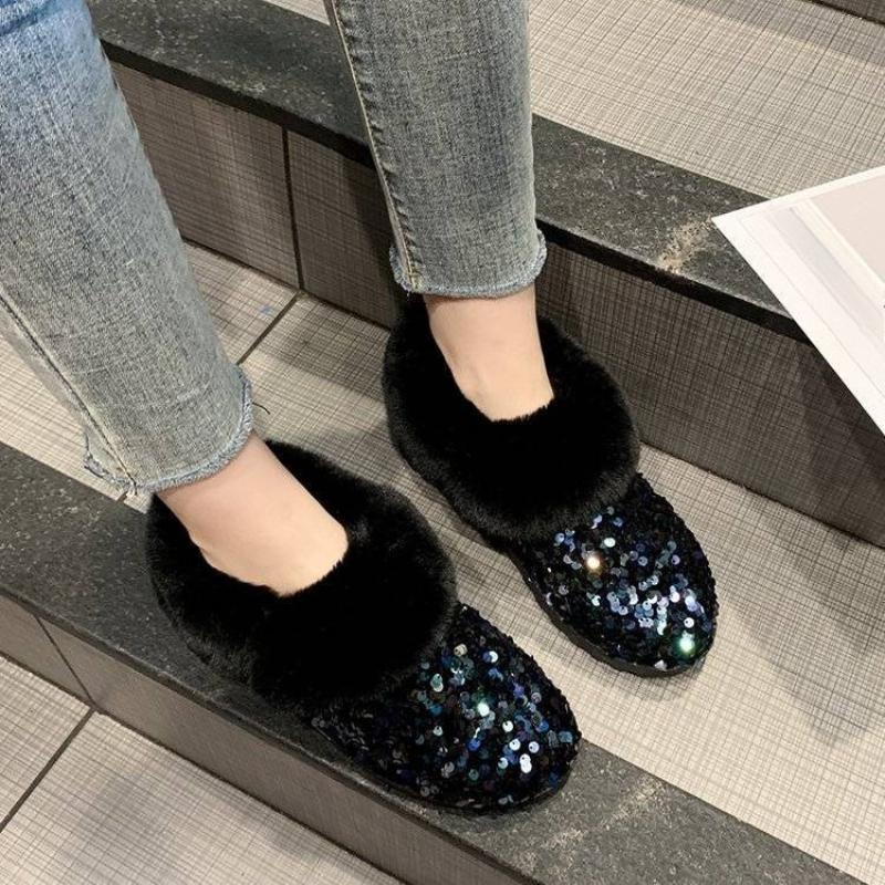 Winter Round Toe Flat Sequins Fleece-lined Woman Shoes Padded Y2k Work Furry Trend 2025 Designer Luxury Hot Snow Boots for Women