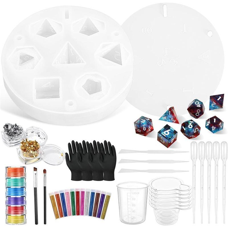 

Resin Dice Making Kit With Stereoscopic Silicone Mold Gloves Mixing Sticks Measuring Cup Pour Cups Droppers For Crafts