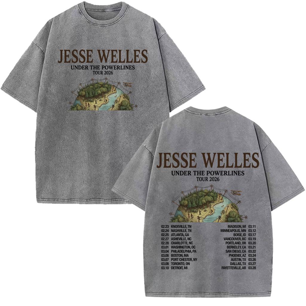 Vintage Washed Tshirt Jesse Welles Under The Powerlines Tour Print Tshirt Unisex Aesthetic Trendy Casual Cotton Tshirts
