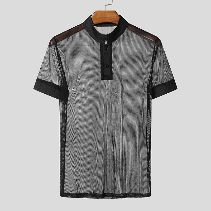 

INCERUN Мужские летние футболки с круглым вырезом, коротким рукавом, сетчатые, прозрачные, хенли S чёрный