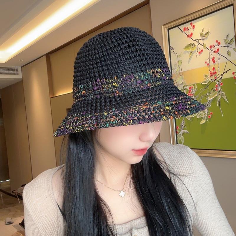 Women's Summer Straw Woven Fisherman Hat with Contrast Stripes Hollow Wide Brim Sun Protection Hat for Outdoor Travel Vacation Face-Covering Sun Hat