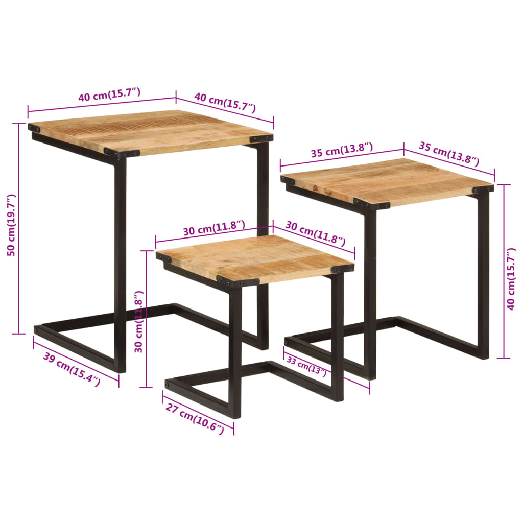 Nesting Tables Set of 3 Solid Mango Wood and Iron
