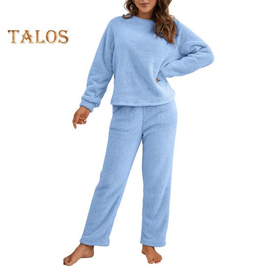 

Комплект из 2 предметов: пижамный комплект осень-зима, повседневный комплект из топа и брюк, топ с круглым вырезом и длинными рукавами, эластичный пояс, спортивный костюм, повседневная одежда, одежда для сна S синий