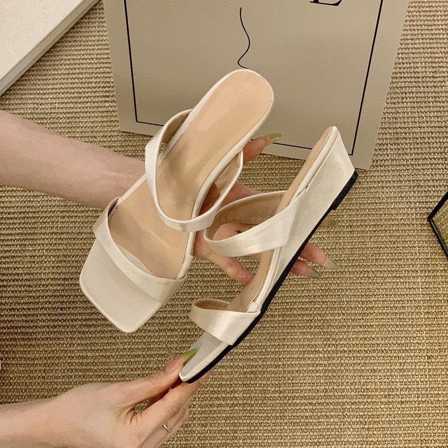Wedge Heel Silver Simple One-word Slippers Women's Shoes Outer Wear 2025 Summer Low Heel Temperament with Skirt Sandals