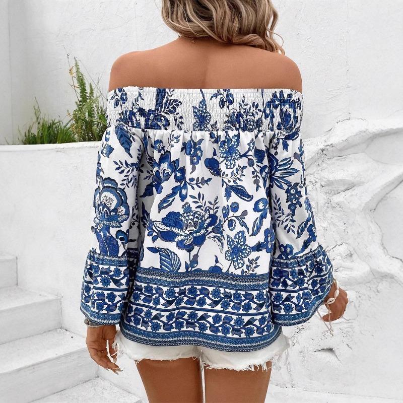 Women's Spring Summer One Shoulder Strapless Floral Print T-Shirt
