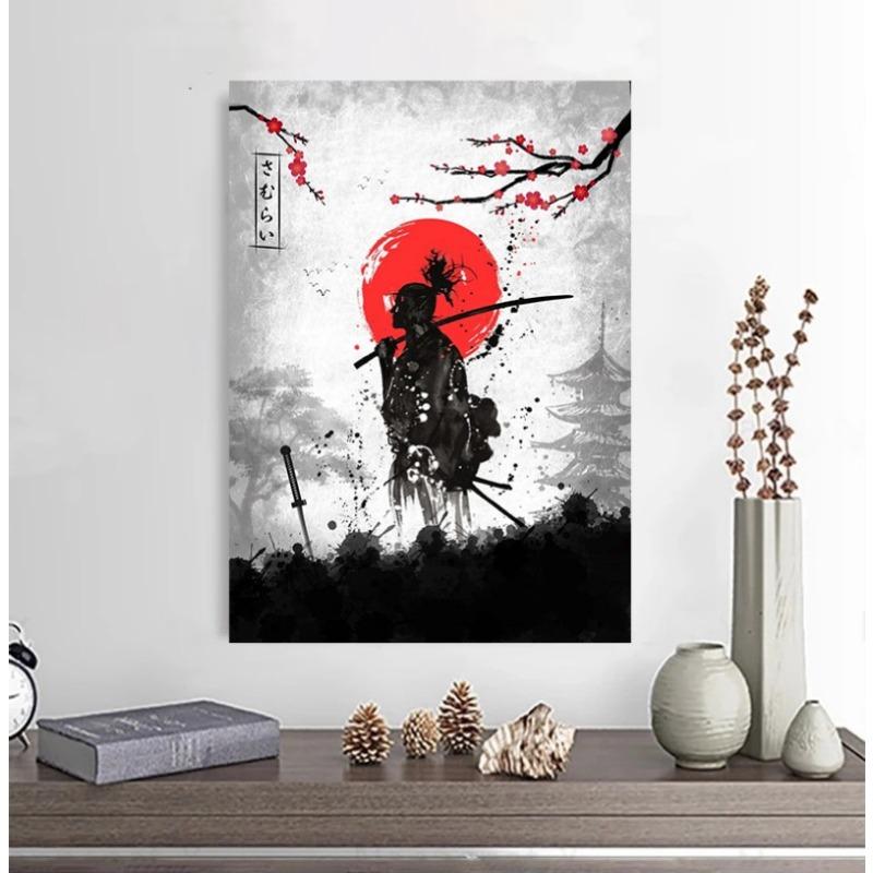 Japanische Schwarze Samurai Geisha Koi Karpfen Krieger Figuren Sonnenuntergang Kunst Malerei Wand Leinwand Poster und Drucke Wohnzimmer Heimdeko