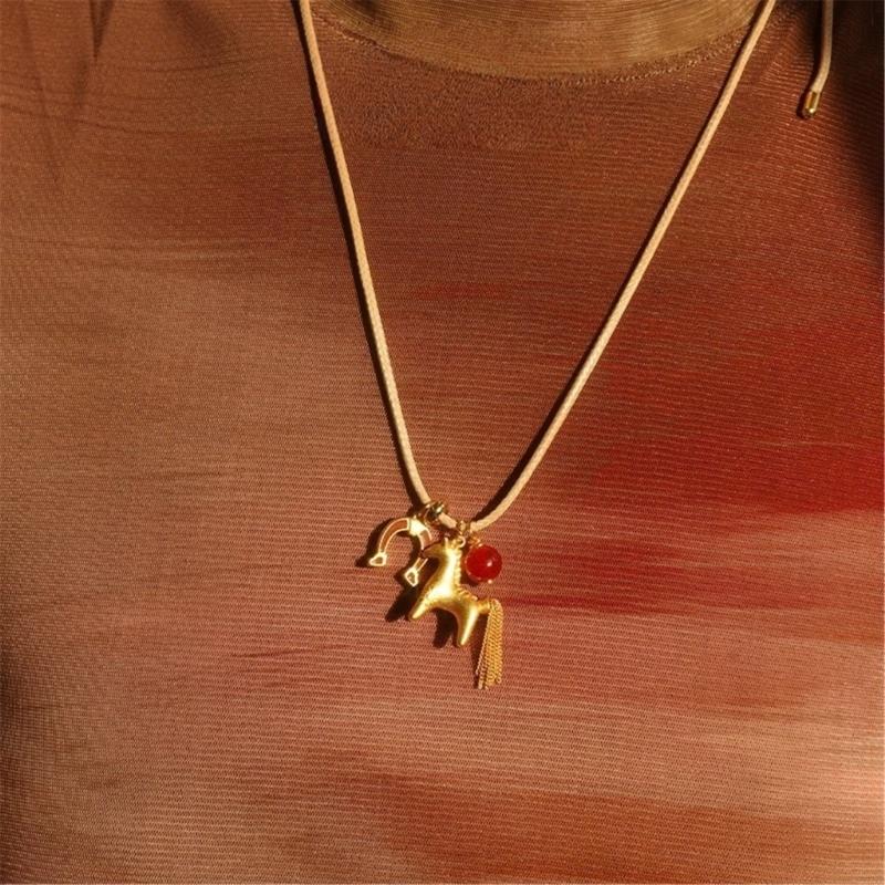 Lightweight Horse Charm Tassels Necklace Stylish Wax Rope Neck Chain Stylish Neck Jewelry Gift For Sister Best Friend