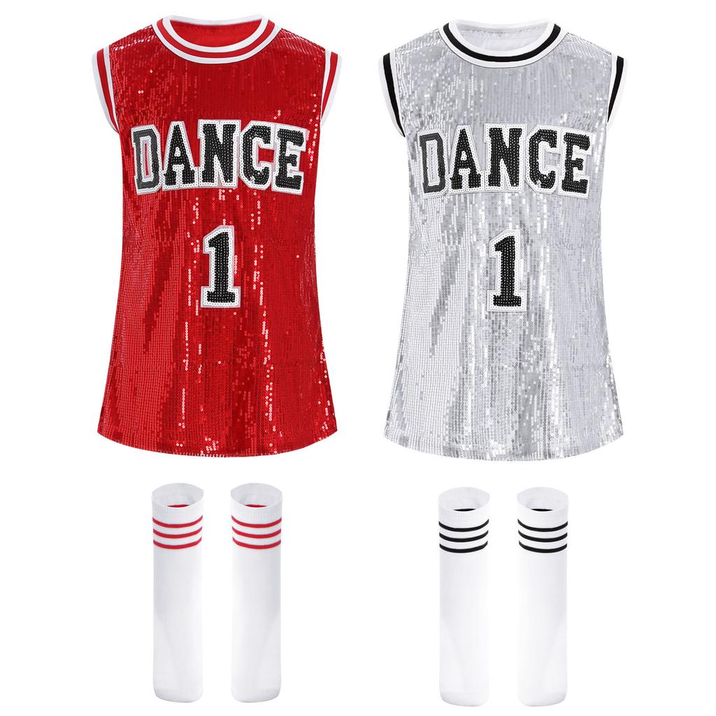 Girls Sparkly Sequins Dress Round Neck Sleeveless Design Hip Hop Jazz Dance Performance Outfit