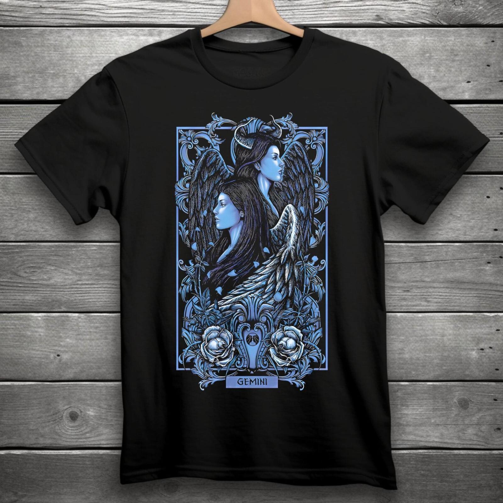Gemini Zodiac Sign Goth Skull Unisex Black T-Shirt S-3XL S