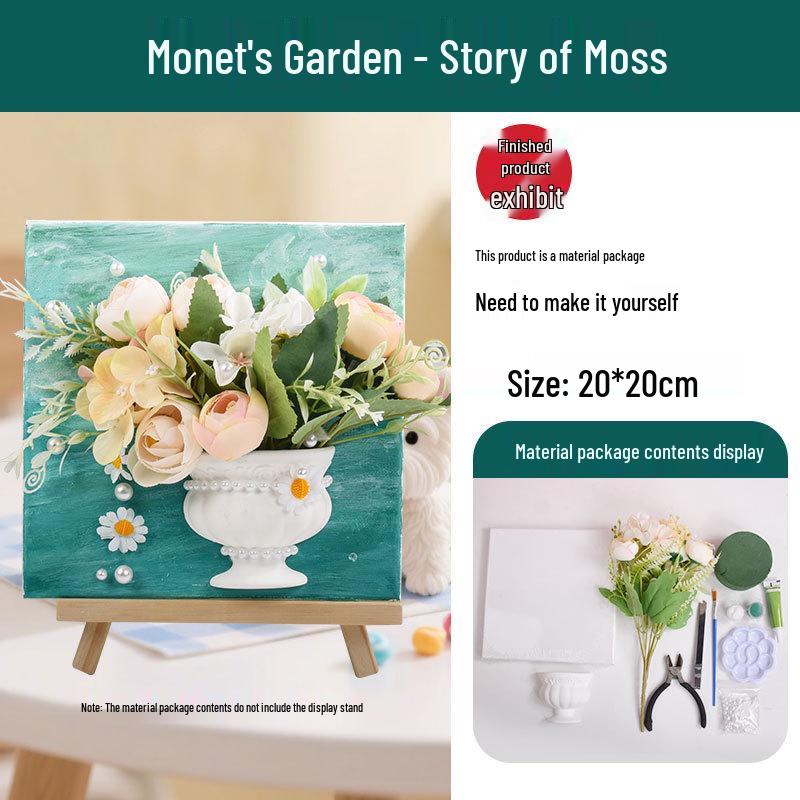 3D French Flower Arrangement DIY Kit: Monet’s Garden Oil Painting with Preserved Flowers & Plaster Ornaments - Ideal for Team Building Activities