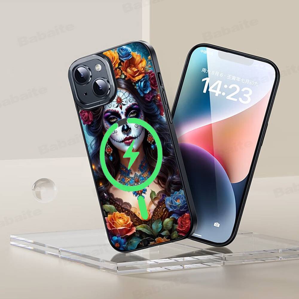 Catrina Beautiful Rose Girl Skull Phone Case Magnetic Case For iPhone 17 16 15 14 13 12 11 For Magsafe Wireless Charge Cover