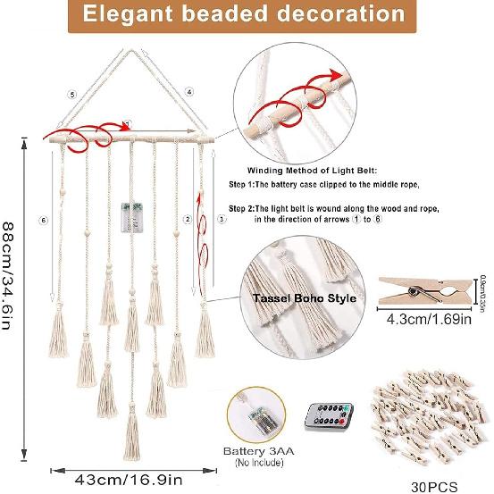 Homecor Hanging Photo Display Wall Decor, Macrame Wall Hanging Boho Room Bedroom Decor, Picture Frame Collage Board with Light 30 Clip, Christmas