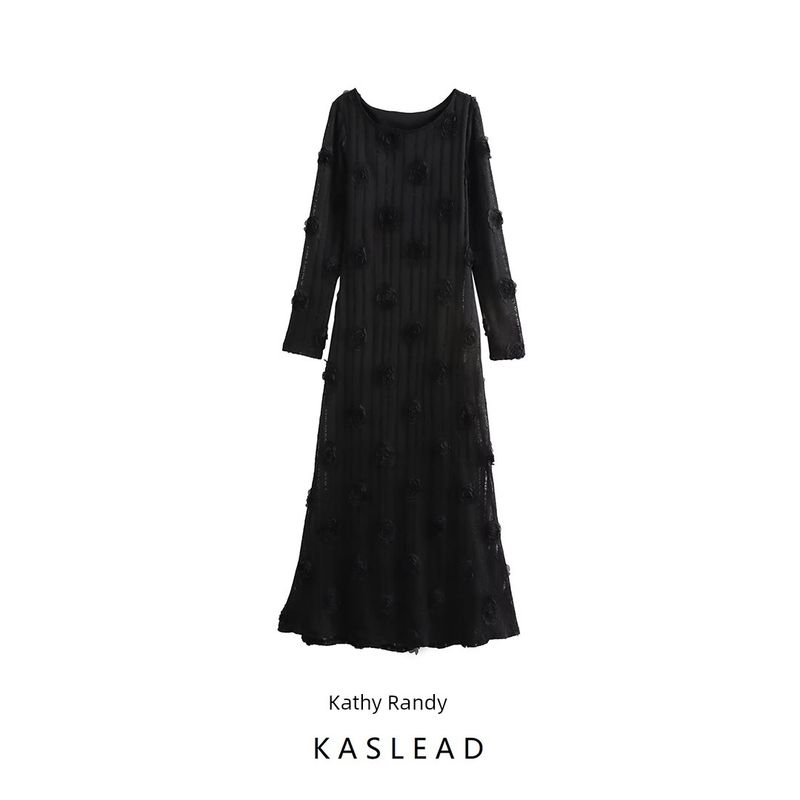 Kaslead New Arrival Women's Clothing Fashion Style Fashion Minimalist Three-Dimensional Flower Perspective Temperament Long Dress