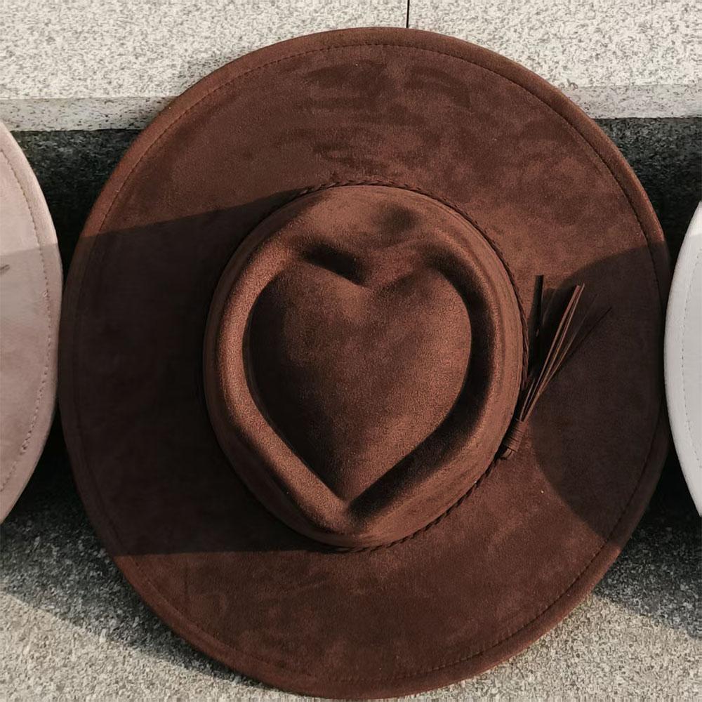 custom Heart crown Suede Hat fedora suede woman 9.5cm wide brim women hat wholesale panama hat unisex chapeau sombrero hombre