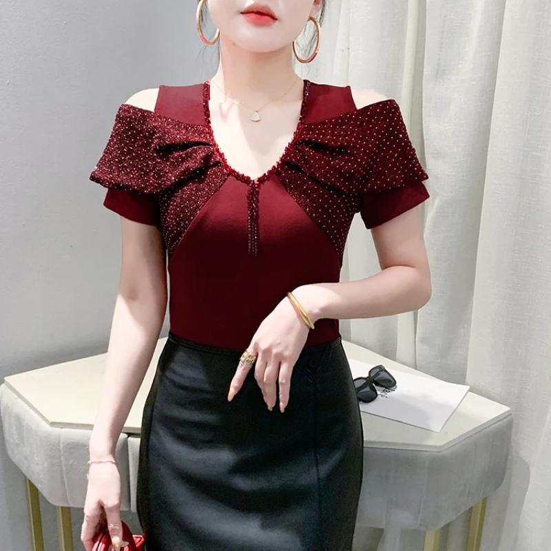 Summer Sexy Off Shoulder Beading T-shirt Women's Short Sleeves Tassels Design Tees New Cotton Female Tops