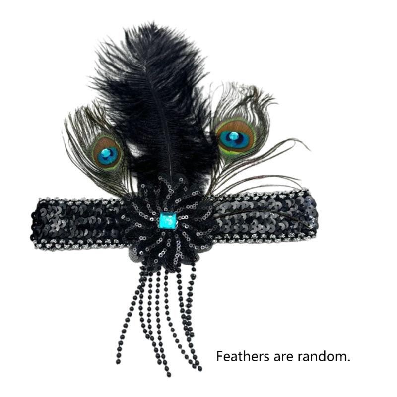 Stretchable Hairband With Glitter Fringe Natural Ostrich Peafowl Feather Comfortable Adjustable Headpiece For Event