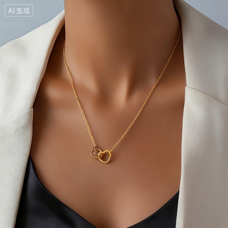 Golden Double Ring Heart Necklace Easy Elegant for Casual Wear Party Fashionable Women Jewelry Gift