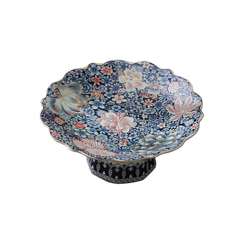 Chinese Ru Kiln Blue and White High-Footed Ceramic Plate for Fruit, Tea, Snacks, Pastries, and Living Room Decor