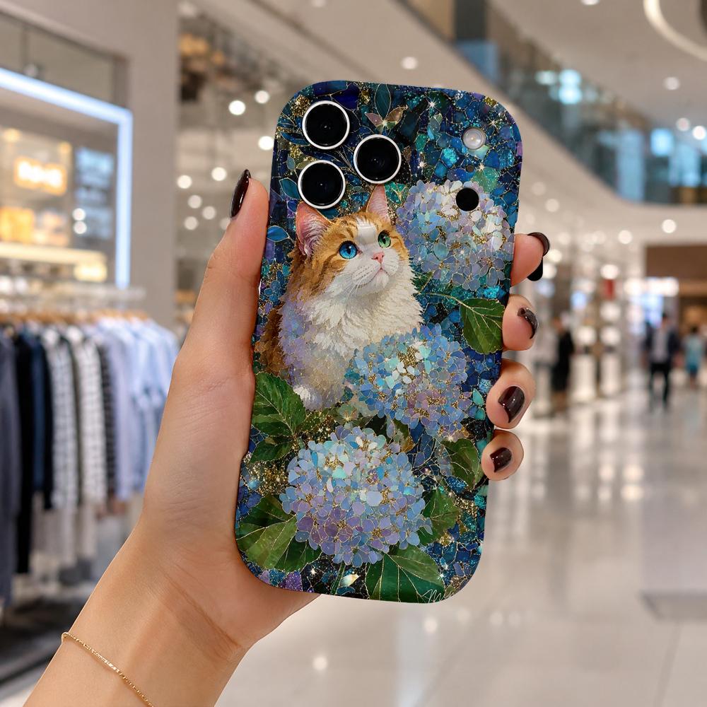 Orange Cat Blue Hydrangea Wavy Edge Phone Case For iPhone 16 15 14 Pro Max 13 12 11 Mini XR XS SE 2020 7 8 Plus Air Cover