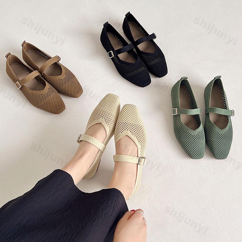 Fashion Women's Fly Weave Mesh Shoes Summer New Breathable Soft Sole Slip on Casual Shoes Lightweight Comfortable Buckle Strap Low Heels