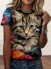 Cartoon Cat T-Shirts Cute Kitten Animal 3D Print Women's Short Sleeve Round Neck T Shirt Tees Harajuku Y2K Tops Female Clothing
