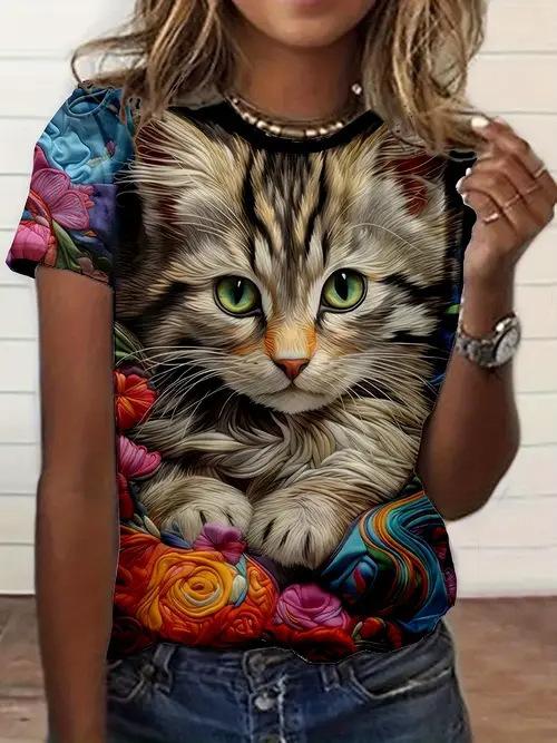 Cartoon Cat T-Shirts Cute Kitten Animal 3D Print Women's Short Sleeve Round Neck T Shirt Tees Harajuku Y2K Tops Female Clothing