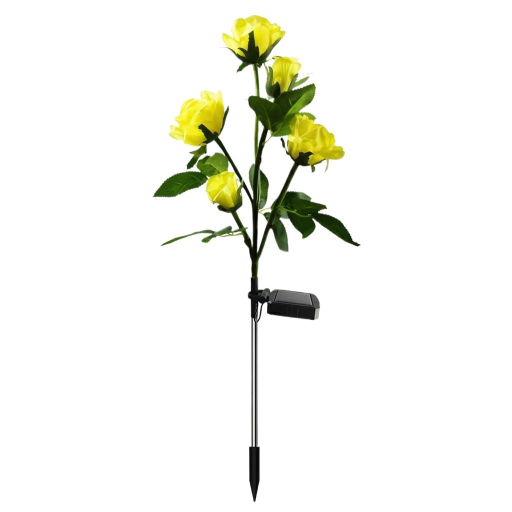 Solarbetriebene künstliche Rosenblüten-Stange 5 Köpfe Gartendekoration Pflanze mit realistischen Blättern und stabilem Erdspieß für Außen- und Innenbereich