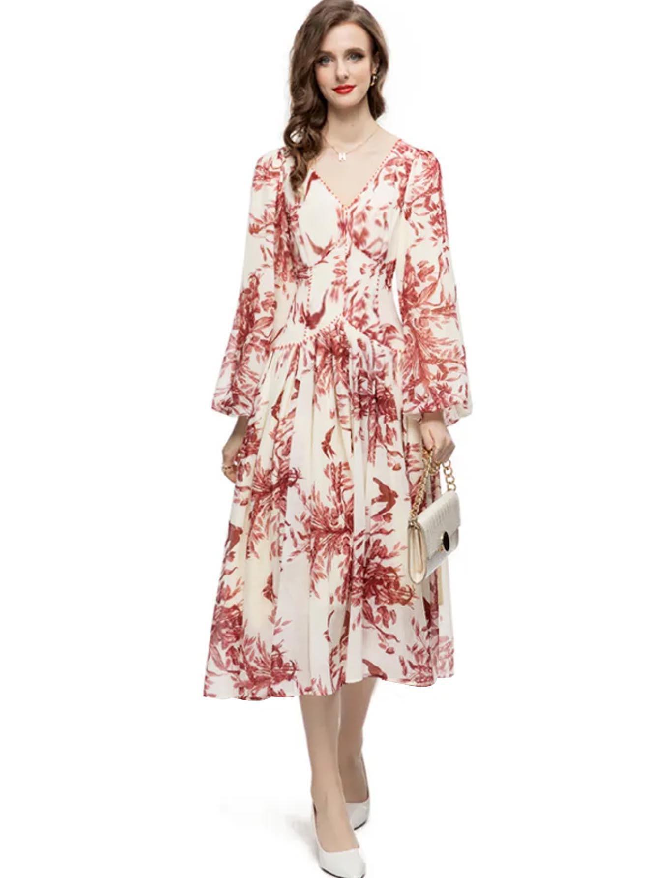 

Women s French Retro V-Neck Printed Beaded Lantern Sleeve Dress M червоний