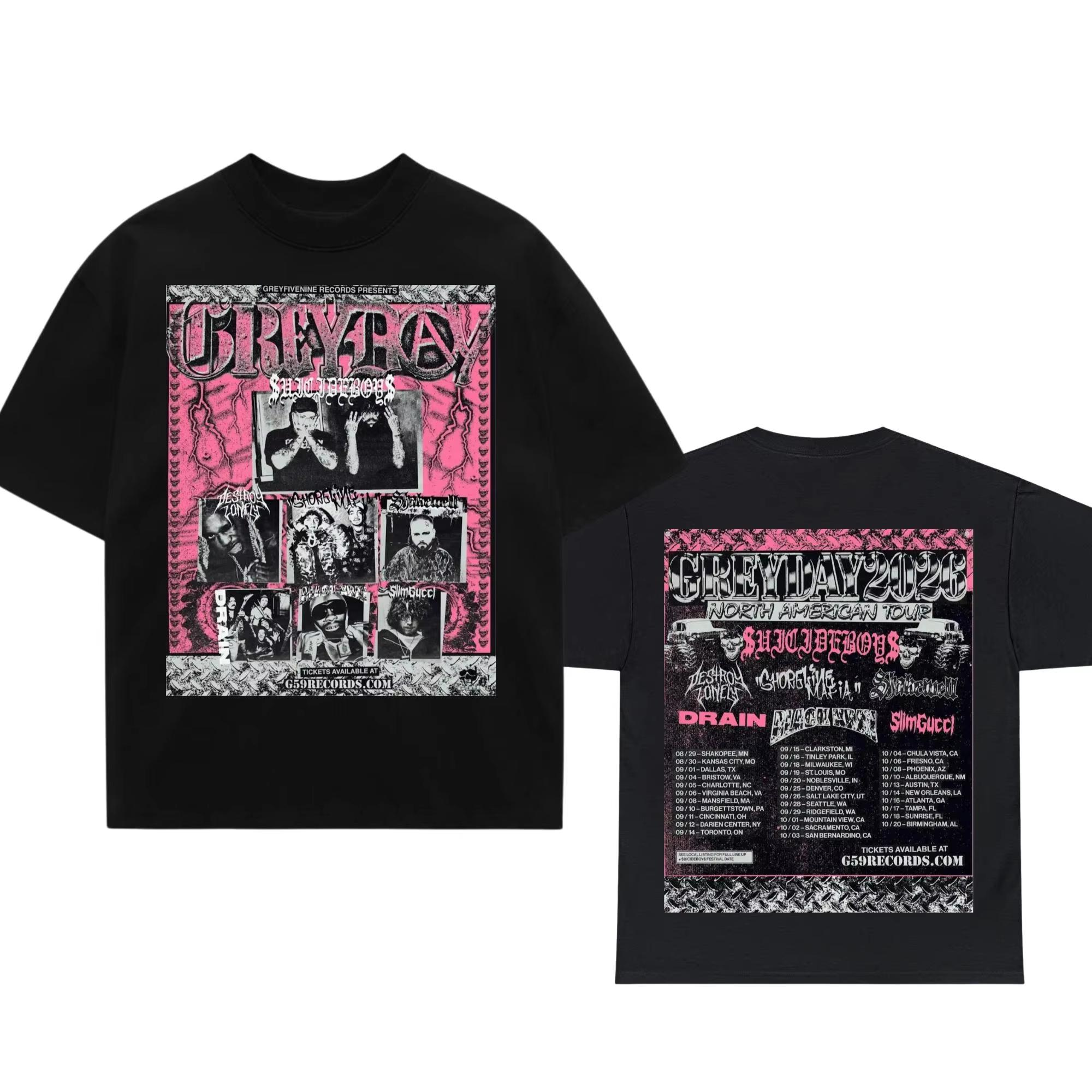 Suicideboys Grey Day 2026 Concert Tour Print T-Shirt Unisex Oversized Gothic Street Style Hip Hop Streetwear Top Y2K Gothic Cotton Oversized T-shirts 4XL