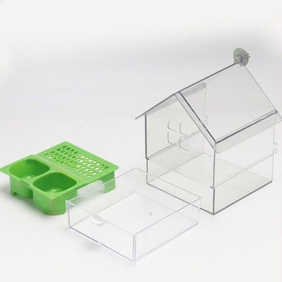 Pull-Out External Parrot Feeder Window Mounted Birds House with Two Food Slots Transparent Parrot House with Water Catcher Tray