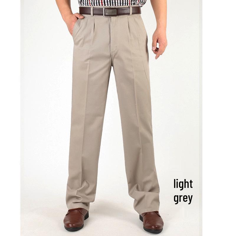 Men's High Waist Double Pleated Cotton Pants - Spring/Summer, Loose Straight Leg, Plus Size