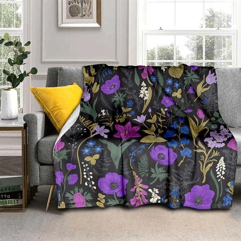 Módní přikrývka se zářivými květinami – lehký flanelový přehoz na pohovku, přikrývka s digitálním potiskem s měkkou a červotočivou flanelovou látkou