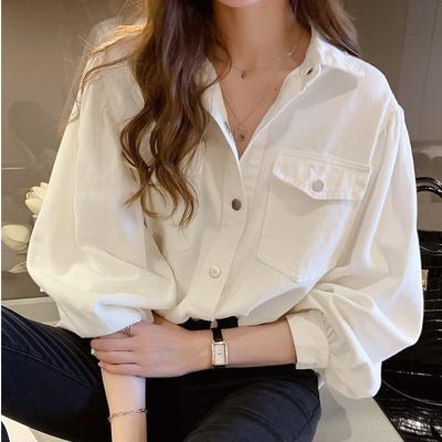 Damen Herbst Einfarbig Umlegekragen Langarm Einreiher Taschen Locker Denim Hemd Tops