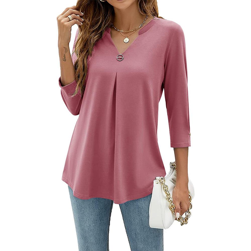 Spring Autumn Women T-shirt V Neck 3/4 Sleeve Pin Decor Pleated Hem Solid Color Slim Fit Tunic T-shirt Tops Blouse