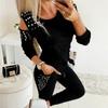 Trainingsanzug Damen Zweiteiliges Set Perlenverzierung Kalte Schulter Langarm Oberteil + Hose Jogginganzug Damen Lässige Loungewear Outfits