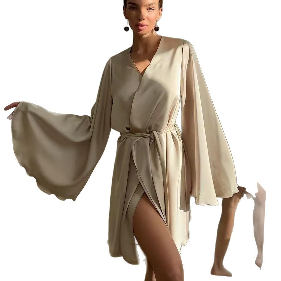 Satin simulation silky comfortable pendant feeling large cuff bathrobe fashion dinner luxury high-end lace-up nightgown women