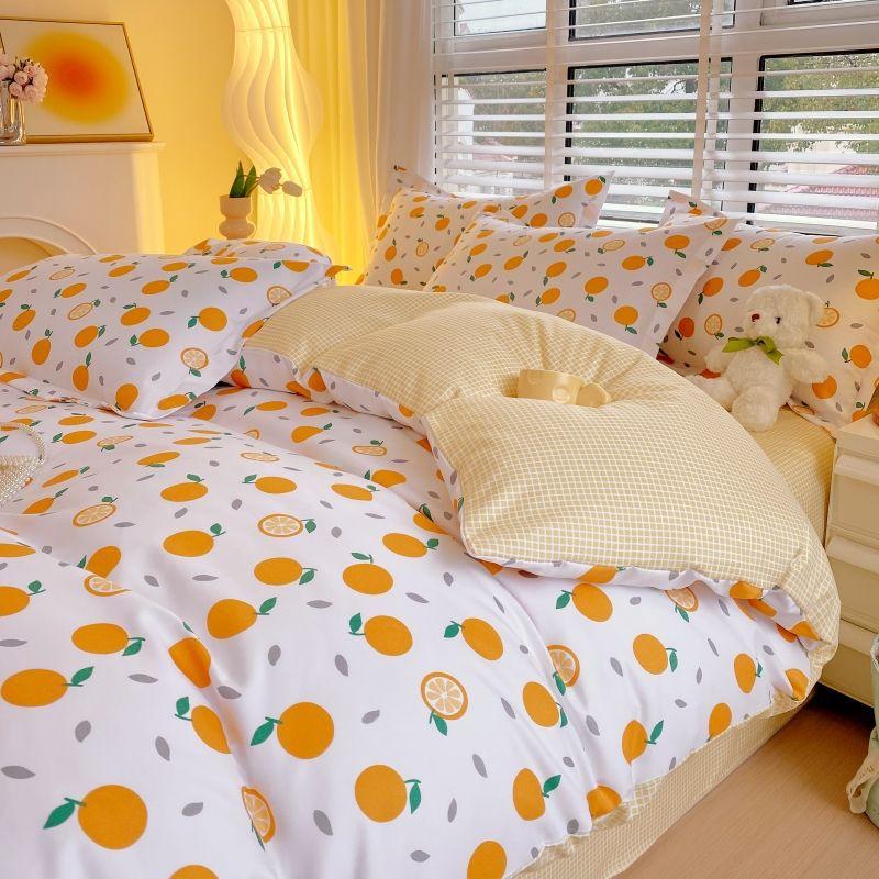 Thickened Pure Abraded Four-piece Set, Single Double Skin-friendly Twill Bed Sheet, Quilt Cover, Dormitory Three-piece Set, Bedding
