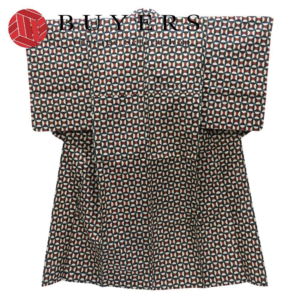 Fine pattern, pure silk, cotton, black, white, red, blue, Meisen, antique, Japanese clothing, Kimono, Japanese clothing, Kimono, Ladies, Women